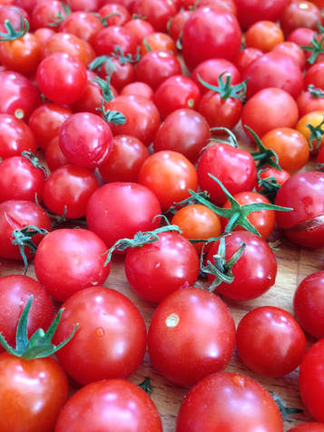 Bright red tomatoes on cutting board 