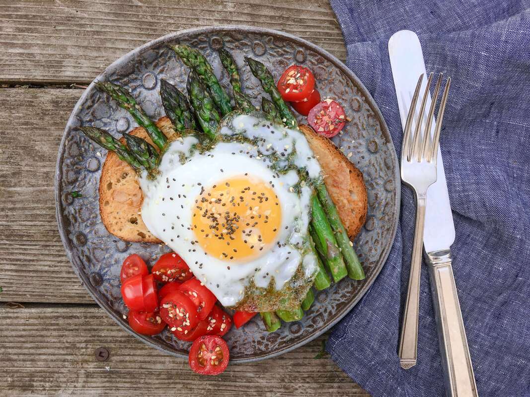 Plate of roasted asparagus on toast with an egg on top local ontario photoshoot foodstyled dish